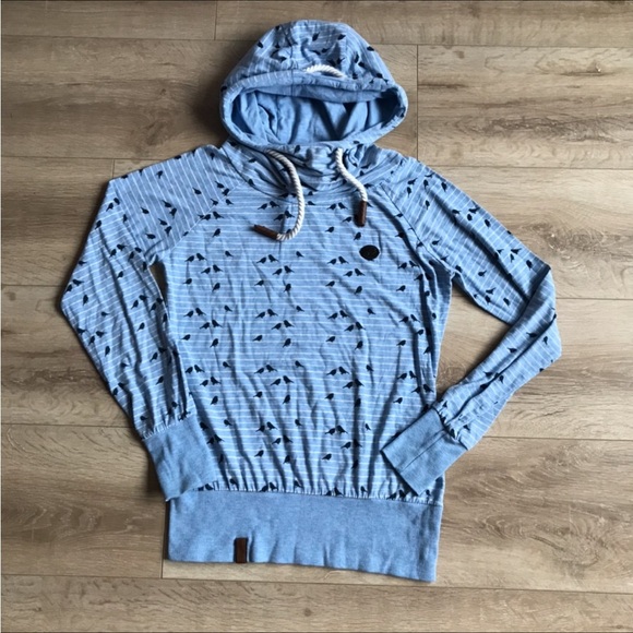 Naketano womens bird print thin blue white striped hooded pullover hoodie - Picture 1 of 8